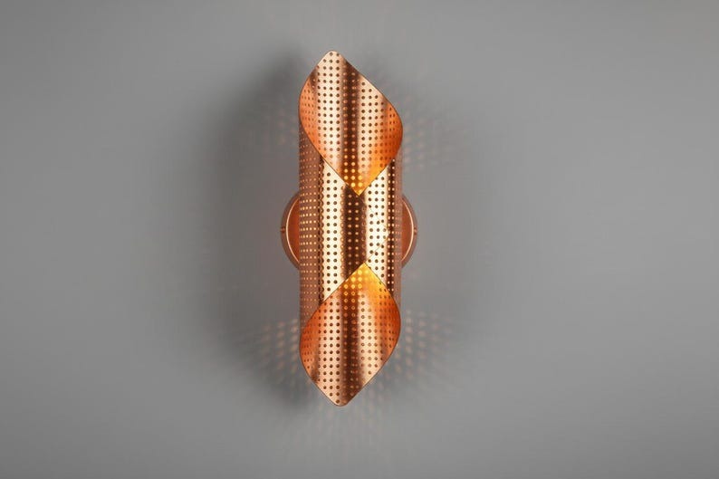 Handmade Moroccan Brass Wall Sconce – Perforated Brass Geometric Wall Light, Copper Brass Folded Sconce, Boho Mediterranean Accent Lamp for Bedroom, Hallway, Entryway & Living Room
