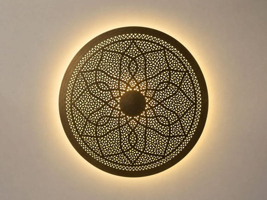 Handmade Moroccan Brass Round Wall Sconce – Pierced Mandala Wall Light with Geometric Arabesque Pattern and Warm Backlit Glow for Bedroom, Hallway, Entryway & Living Room