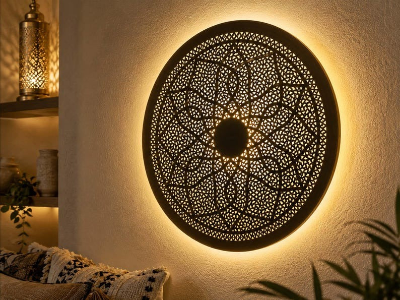Handmade Moroccan Brass Round Wall Sconce – Pierced Mandala Wall Light with Geometric Arabesque Pattern and Warm Backlit Glow for Bedroom, Hallway, Entryway & Living Room