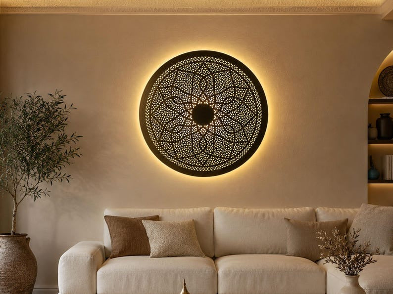 Handmade Moroccan Brass Round Wall Sconce – Pierced Mandala Wall Light with Geometric Arabesque Pattern and Warm Backlit Glow for Bedroom, Hallway, Entryway & Living Room