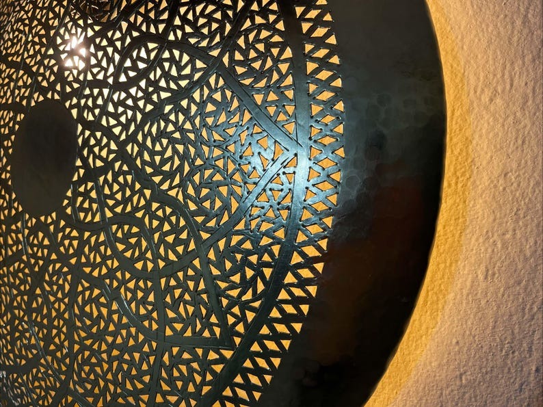 Handmade Moroccan Brass Round Wall Sconce – Pierced Mandala Wall Light with Geometric Arabesque Pattern and Warm Backlit Glow for Bedroom, Hallway, Entryway & Living Room