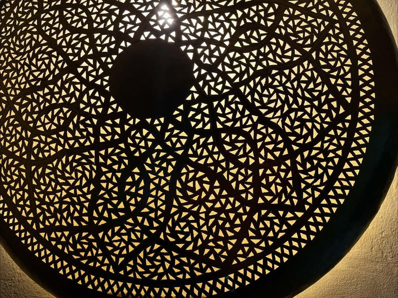 Handmade Moroccan Brass Round Wall Sconce – Pierced Mandala Wall Light with Geometric Arabesque Pattern and Warm Backlit Glow for Bedroom, Hallway, Entryway & Living Room