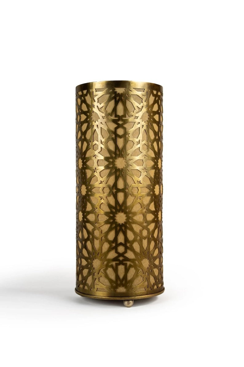 Handmade Moroccan Brass Cylinder Table Lamp – Pierced Geometric Star Lantern with Warm Gold Glow and Dramatic Moorish Shadow Patterns for Bedroom, Living Room & Entryway