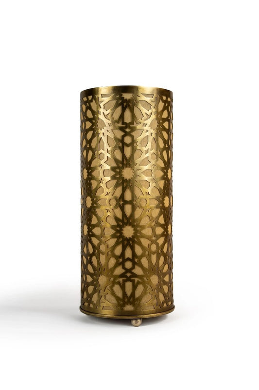 Handmade Moroccan Brass Cylinder Table Lamp – Pierced Geometric Star Lantern with Warm Gold Glow and Dramatic Moorish Shadow Patterns for Bedroom, Living Room & Entryway