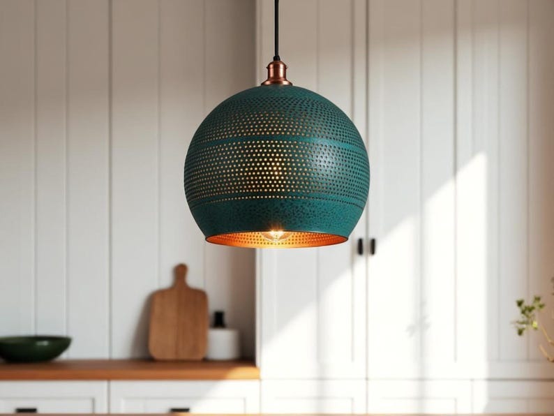 Handmade Moroccan Brass Pendant Light – Green Patina Pierced Globe Ceiling Lamp with Copper Interior, Kitchen Island & Dining Room Lighting