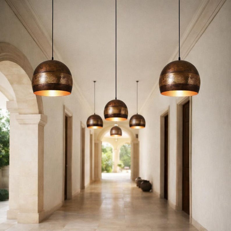 Handmade Moroccan Brass Pendant Light – Antique Copper Pierced Globe Ceiling Lamp, Perforated Brass Bedroom, Kitchen Island & Dining Room Lighting