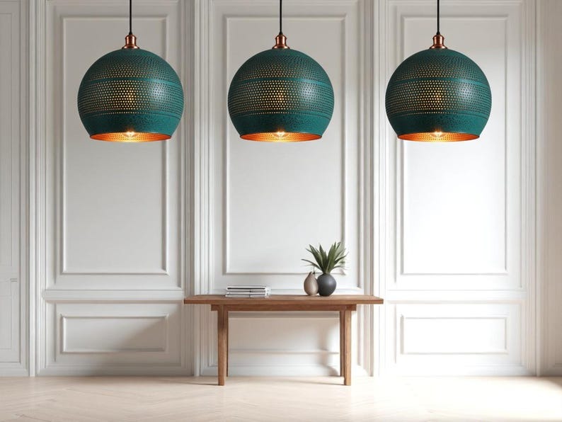 Handmade Moroccan Brass Pendant Light – Green Patina Pierced Globe Ceiling Lamp with Copper Interior, Kitchen Island & Dining Room Lighting
