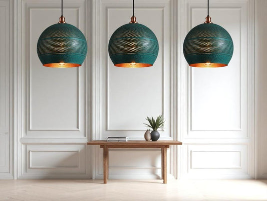 Set of 3 Handmade Moroccan Brass Pendant Lights – Green Patina Pierced Globe Ceiling Lamps with Copper Interior, Kitchen Island & Dining Room Lighting