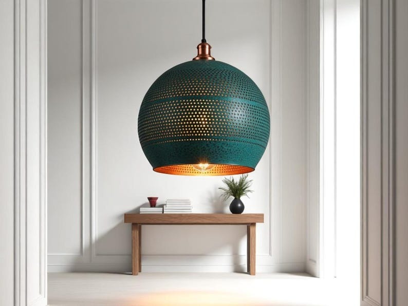 Handmade Moroccan Brass Pendant Light – Green Patina Pierced Globe Ceiling Lamp with Copper Interior, Kitchen Island & Dining Room Lighting