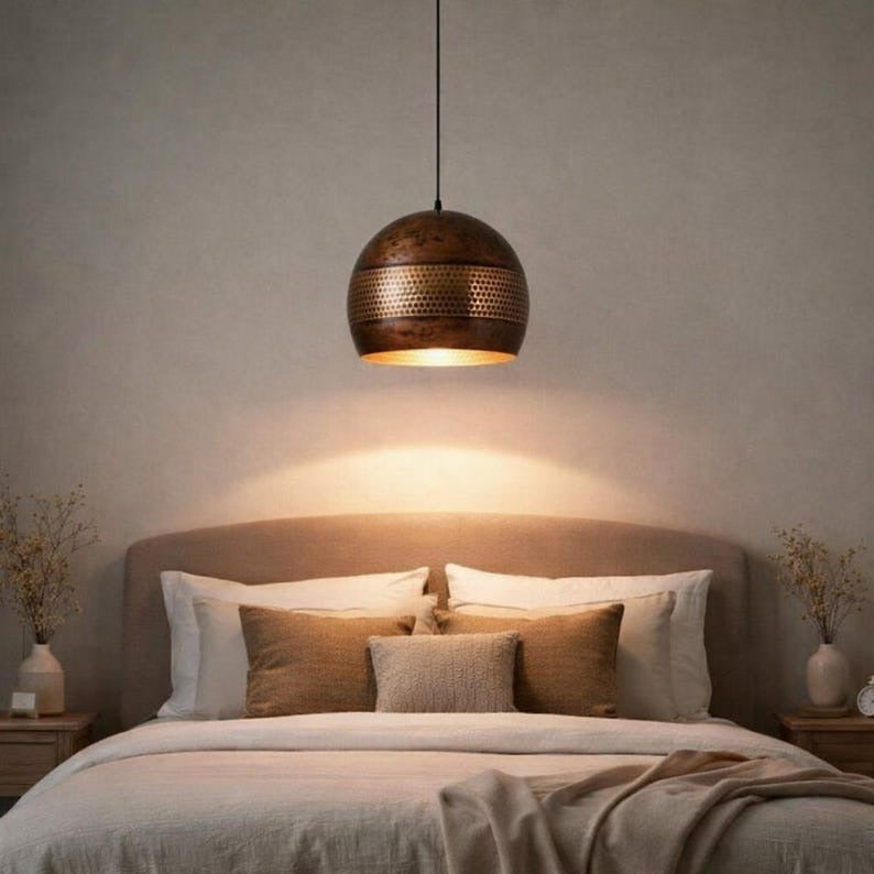 Handmade Moroccan Brass Pendant Light – Antique Copper Pierced Globe Ceiling Lamp, Perforated Brass Bedroom, Kitchen Island & Dining Room Lighting
