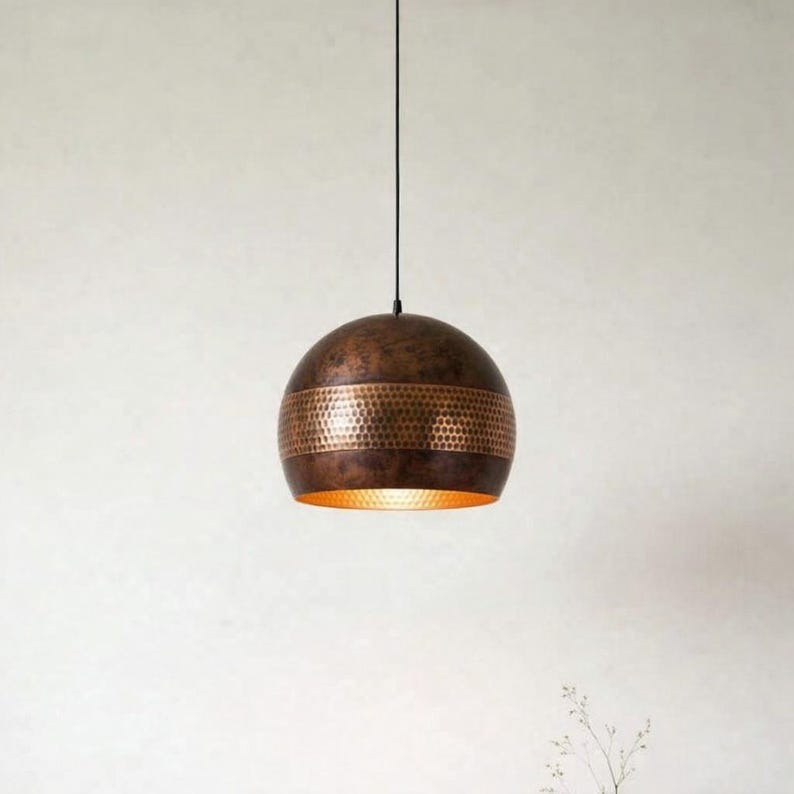 Handmade Moroccan Brass Pendant Light – Antique Copper Pierced Globe Ceiling Lamp, Perforated Brass Bedroom, Kitchen Island & Dining Room Lighting