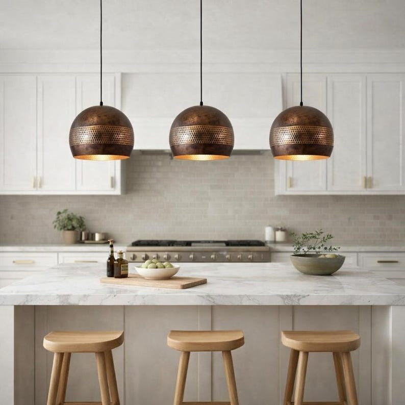 Handmade Moroccan Brass Pendant Light – Antique Copper Pierced Globe Ceiling Lamp, Perforated Brass Bedroom, Kitchen Island & Dining Room Lighting