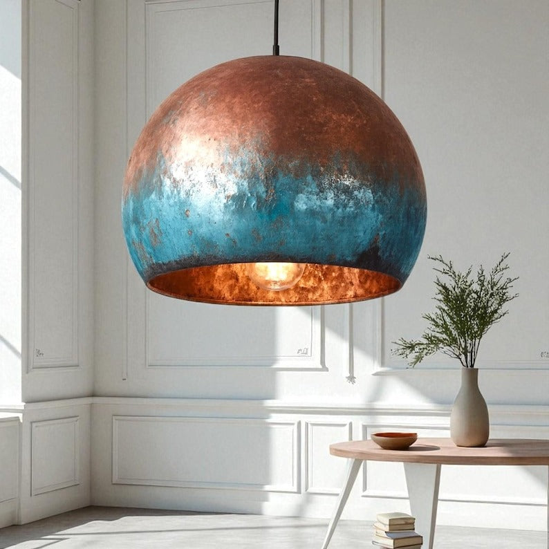 Set of 3 Handmade Moroccan Brass Pendant Lights – Copper & Turquoise Verdigris Patina Globe Ceiling Lamps with Warm Brass Interior, Kitchen Island & Dining Room Lighting