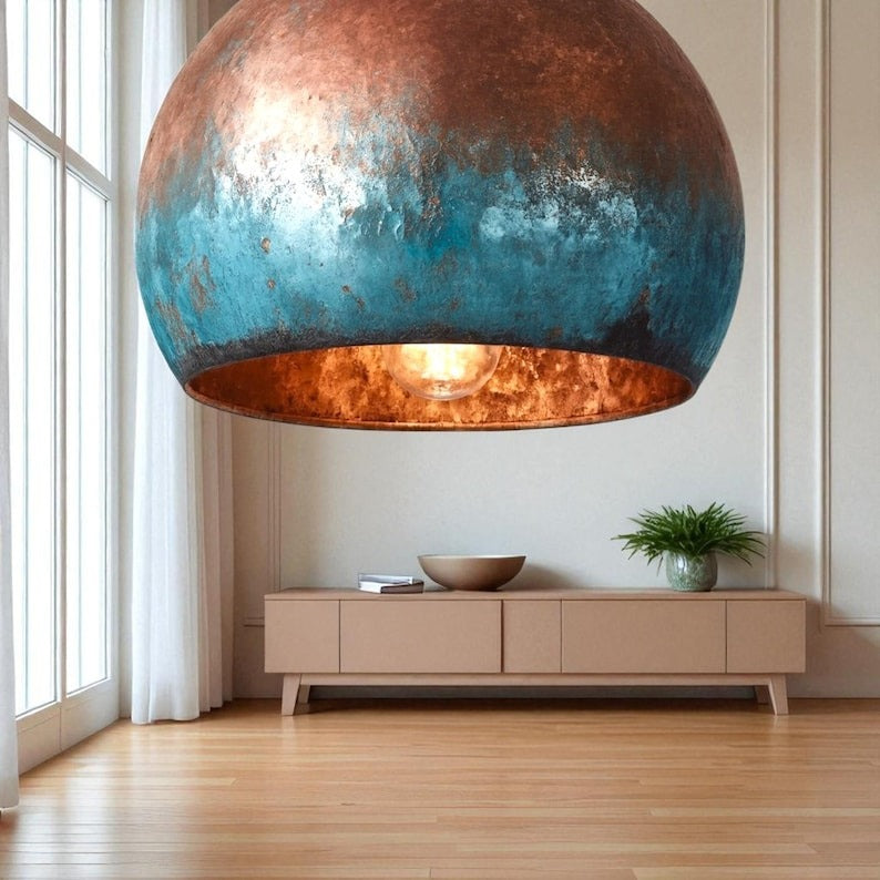 Set of 3 Handmade Moroccan Brass Pendant Lights – Copper & Turquoise Verdigris Patina Globe Ceiling Lamps with Warm Brass Interior, Kitchen Island & Dining Room Lighting