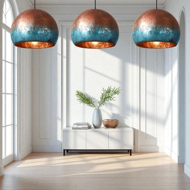 Set of 3 Handmade Moroccan Brass Pendant Lights – Copper & Turquoise Verdigris Patina Globe Ceiling Lamps with Warm Brass Interior, Kitchen Island & Dining Room Lighting
