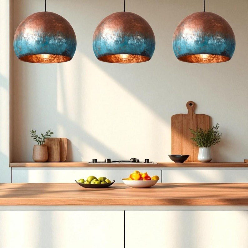 Handmade Moroccan Brass Pendant Light – Copper & Turquoise Verdigris Patina Globe Ceiling Lamp with Warm Brass Interior, Kitchen Island & Dining Room Lighting
