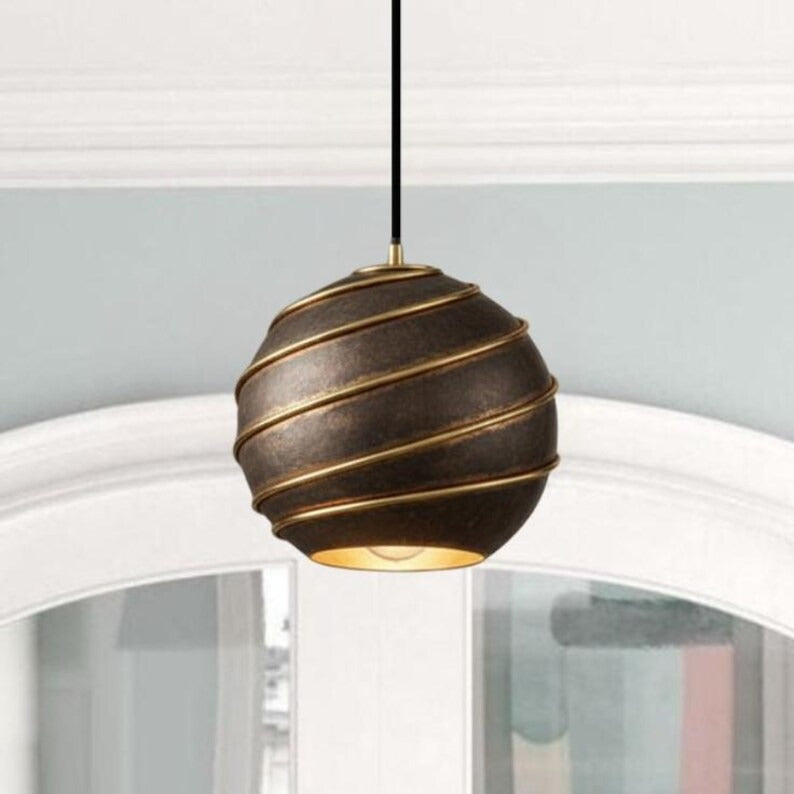 Handmade Brass Pendant Light – Moroccan Globe Hanging Lamp with Spiral Ribbed Design for Kitchen Island, Dining Room & Boho Home Décor