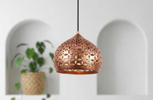 Handmade Moroccan Brass Pendant Light – Pierced Copper Brass Globe Hanging Lamp with Floral Cutout Pattern, Boho Mediterranean Ceiling Light for Kitchen Island, Dining Room, Bedroom & Entryway