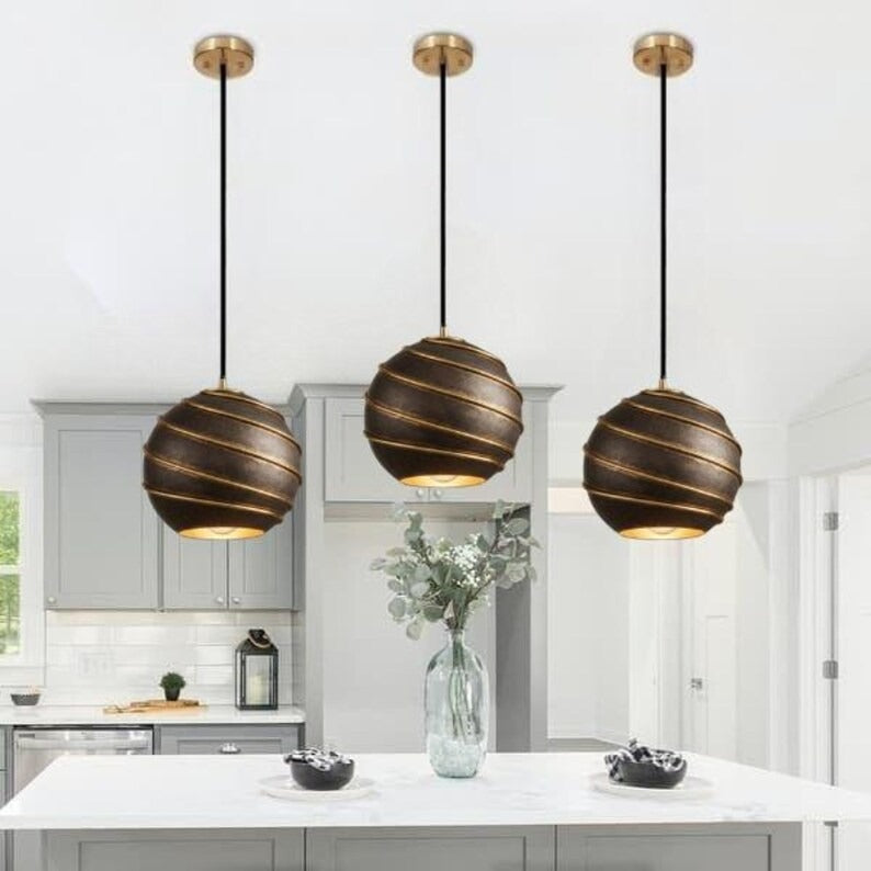 Handmade Brass Pendant Light – Moroccan Globe Hanging Lamp with Spiral Ribbed Design for Kitchen Island, Dining Room & Boho Home Décor