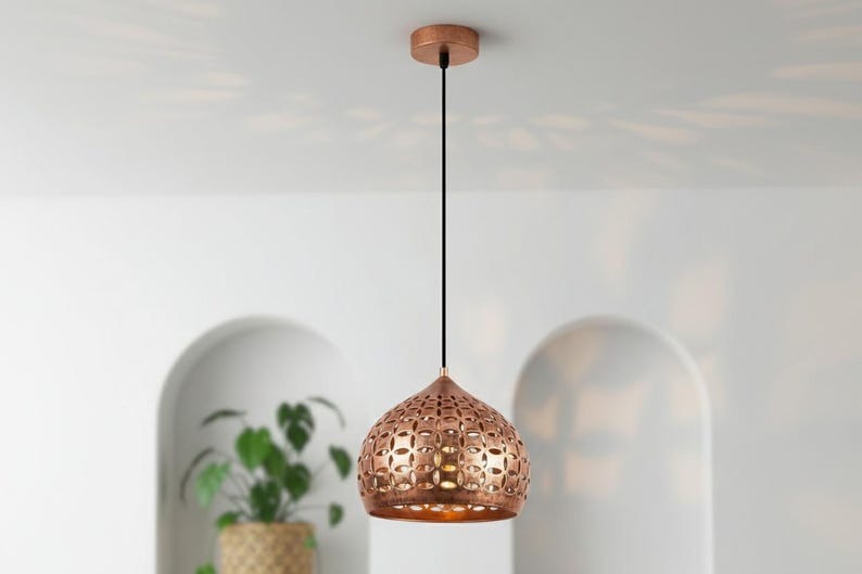 Handmade Moroccan Brass Pendant Light – Pierced Copper Brass Globe Hanging Lamp with Floral Cutout Pattern, Boho Mediterranean Ceiling Light for Kitchen Island, Dining Room, Bedroom & Entryway