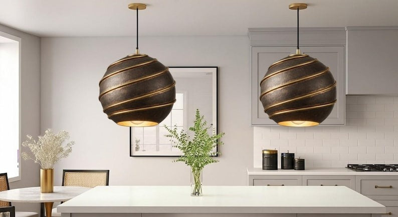 Handmade Brass Pendant Light – Moroccan Globe Hanging Lamp with Spiral Ribbed Design for Kitchen Island, Dining Room & Boho Home Décor