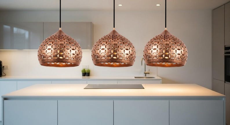 Handmade Moroccan Brass Pendant Light – Pierced Copper Brass Globe Hanging Lamp with Floral Cutout Pattern, Boho Mediterranean Ceiling Light for Kitchen Island, Dining Room, Bedroom & Entryway