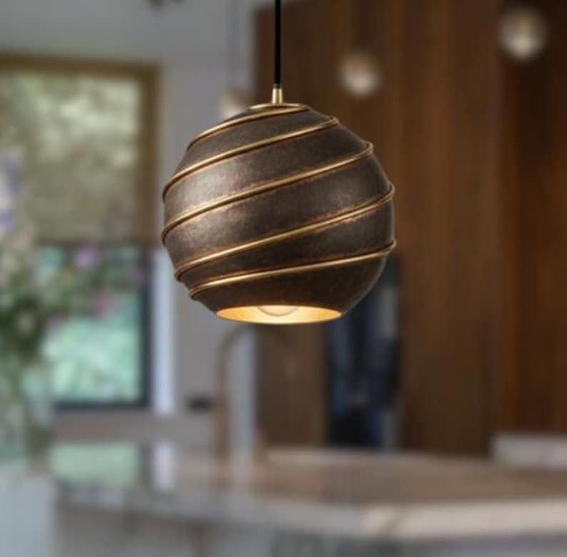 Handmade Brass Pendant Light – Moroccan Globe Hanging Lamp with Spiral Ribbed Design for Kitchen Island, Dining Room & Boho Home Décor