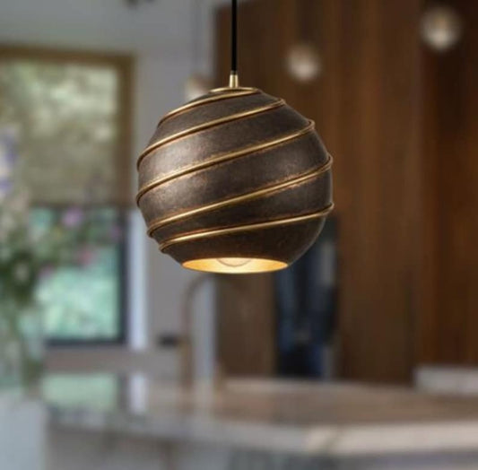 Handmade Brass Pendant Light – Moroccan Globe Hanging Lamp with Spiral Ribbed Design for Kitchen Island, Dining Room & Boho Home Décor
