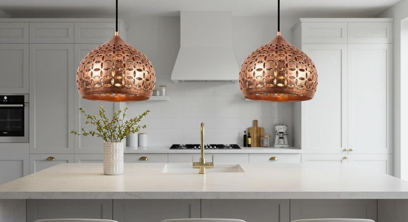 Handmade Moroccan Brass Pendant Light – Pierced Copper Brass Globe Hanging Lamp with Floral Cutout Pattern, Boho Mediterranean Ceiling Light for Kitchen Island, Dining Room, Bedroom & Entryway