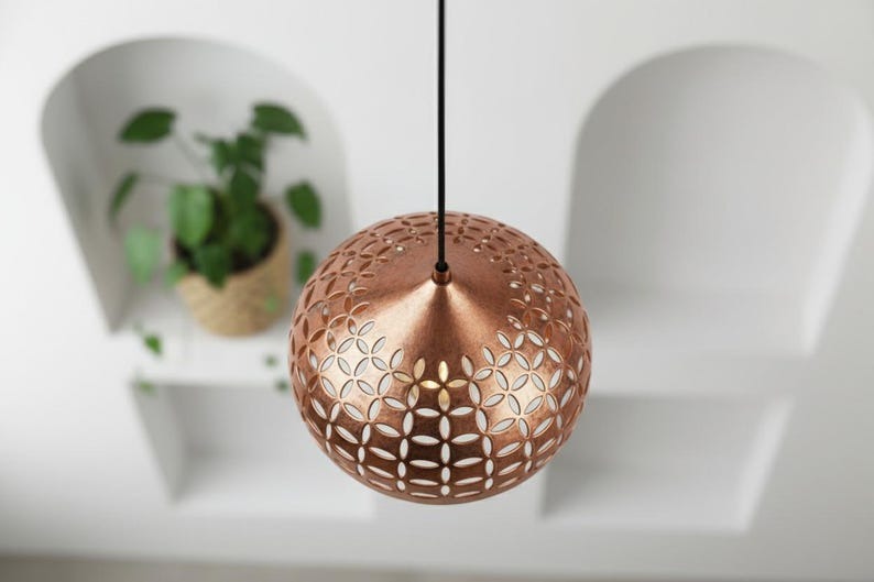 Handmade Moroccan Brass Pendant Light – Pierced Copper Brass Globe Hanging Lamp with Floral Cutout Pattern, Boho Mediterranean Ceiling Light for Kitchen Island, Dining Room, Bedroom & Entryway