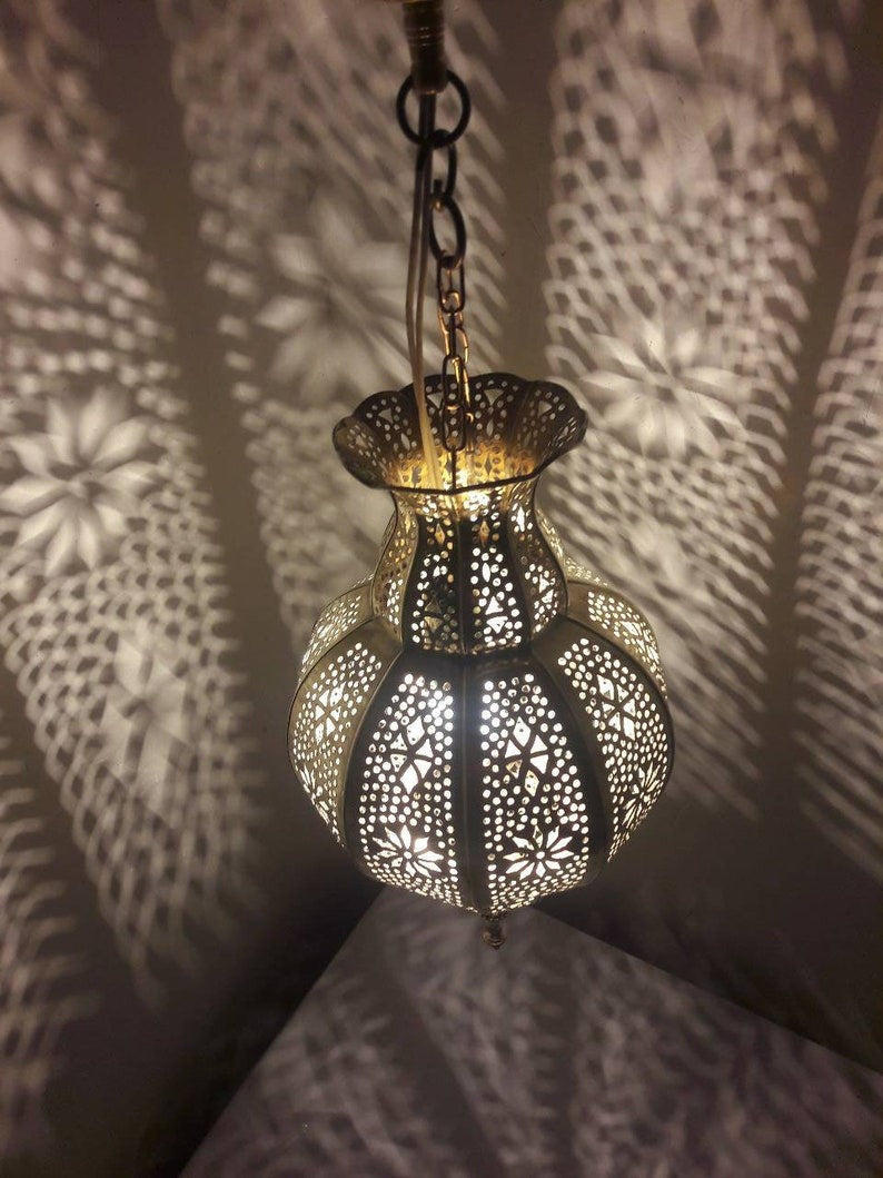 Handmade Moroccan Brass Lantern Pendant Light – Pierced Globe Hanging Lamp with Floral Arabesque Cutouts, Antique Gold Finish and Dramatic Shadow Patterns