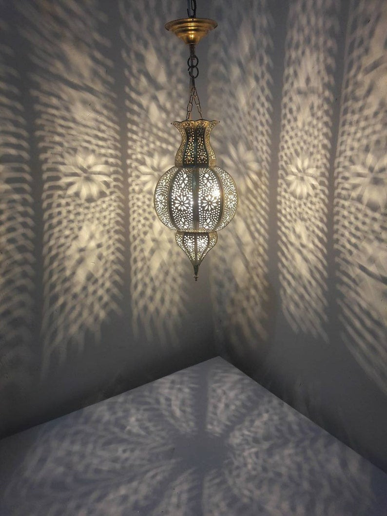 Handmade Moroccan Brass Lantern Pendant Light – Pierced Globe Hanging Lamp with Floral Arabesque Cutouts, Antique Gold Finish and Dramatic Shadow Patterns