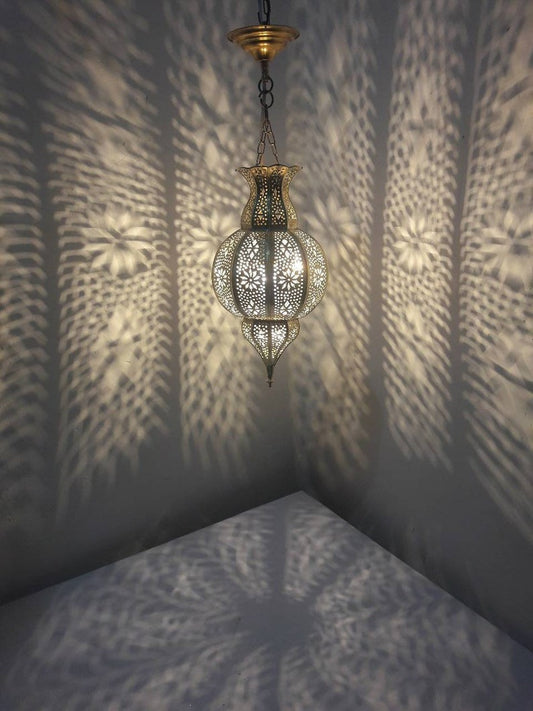Handmade Moroccan Brass Lantern Pendant Light – Pierced Globe Hanging Lamp with Floral Arabesque Cutouts, Antique Gold Finish and Dramatic Shadow Patterns