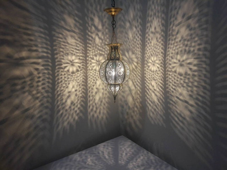 Handmade Moroccan Brass Lantern Pendant Light – Pierced Globe Hanging Lamp with Floral Arabesque Cutouts, Antique Gold Finish and Dramatic Shadow Patterns
