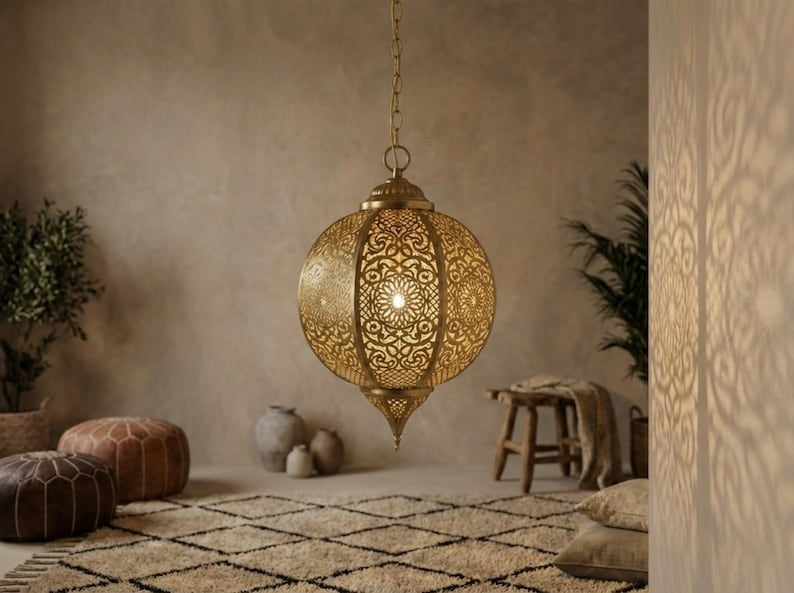 Moroccan Pierced Brass Globe Lantern Pendant – Ornate Filigree Chandelier with Shadow Pattern