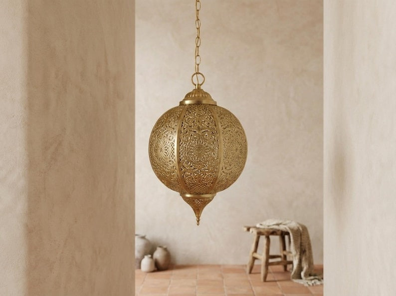 Moroccan Pierced Brass Globe Lantern Pendant – Ornate Filigree Chandelier with Shadow Pattern