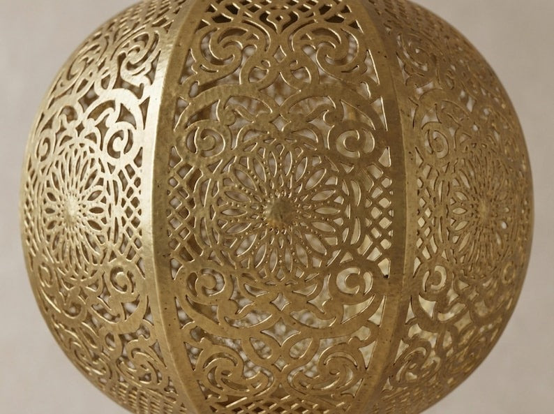 Moroccan Pierced Brass Globe Lantern Pendant – Ornate Filigree Chandelier with Shadow Pattern