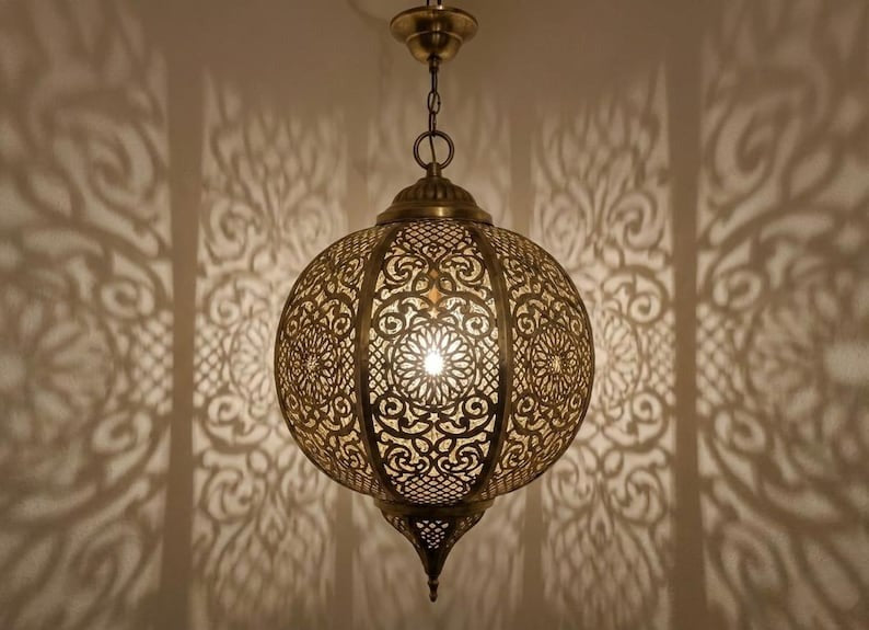 Moroccan Pierced Brass Globe Lantern Pendant – Ornate Filigree Chandelier with Shadow Pattern
