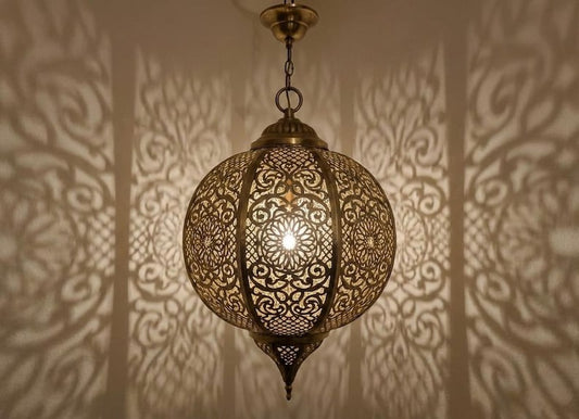 Moroccan Pierced Brass Globe Lantern Pendant – Ornate Filigree Chandelier with Shadow Pattern