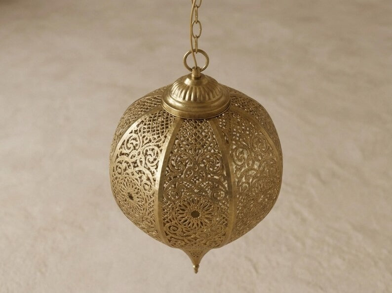 Moroccan Pierced Brass Globe Lantern Pendant – Ornate Filigree Chandelier with Shadow Pattern