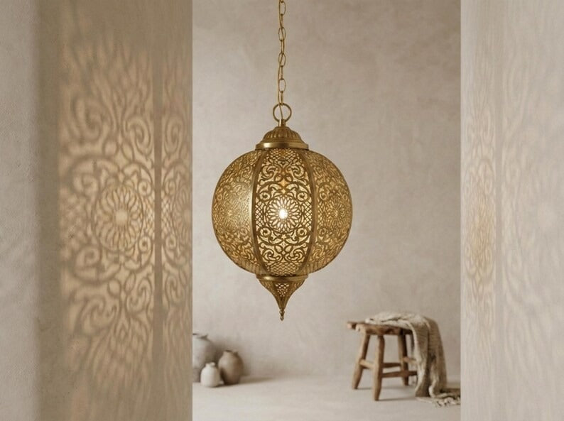 Moroccan Pierced Brass Globe Lantern Pendant – Ornate Filigree Chandelier with Shadow Pattern