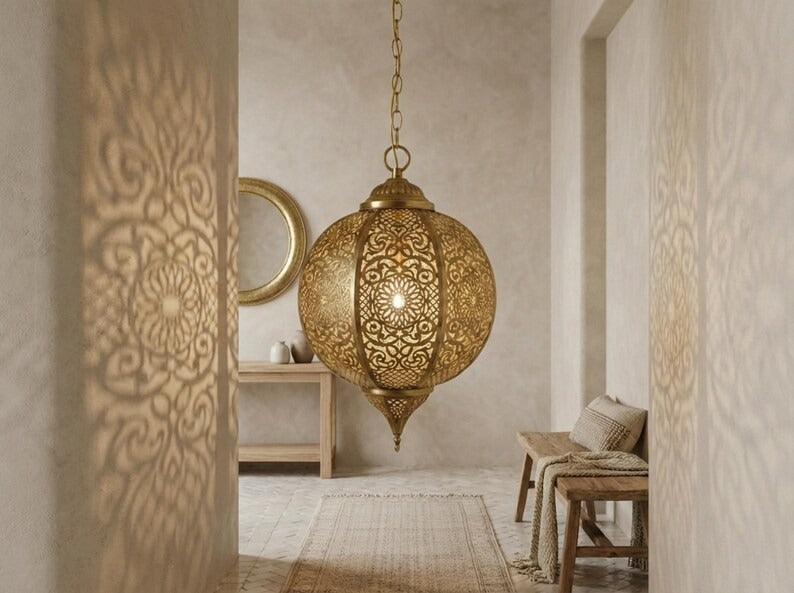 Moroccan Pierced Brass Globe Lantern Pendant – Ornate Filigree Chandelier with Shadow Pattern