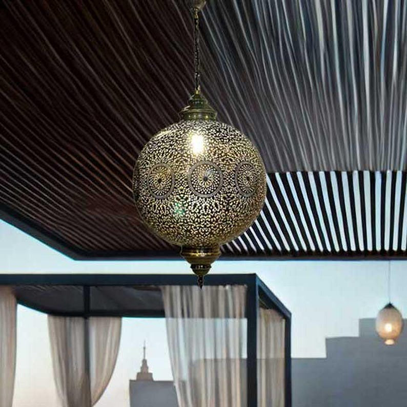 Handmade Moroccan Brass Pendant Light – Pierced Globe Lantern with Floral Rosette Design, Antique Brass Moorish Ceiling Light for Entryway, Dining Room & Living Room