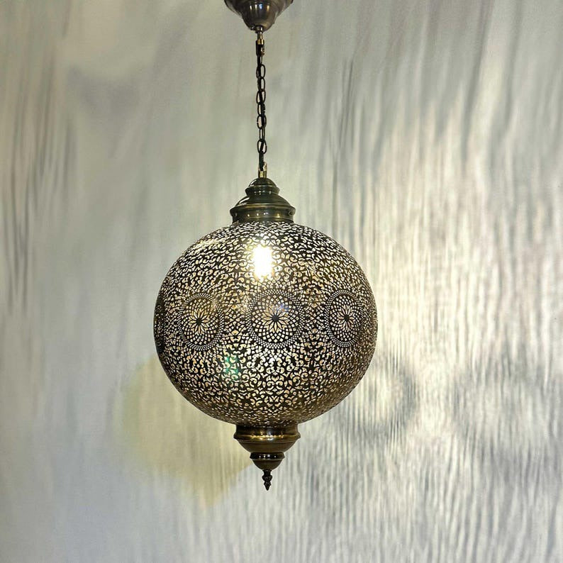 Handmade Moroccan Brass Pendant Light – Pierced Globe Lantern with Floral Rosette Design, Antique Brass Moorish Ceiling Light for Entryway, Dining Room & Living Room