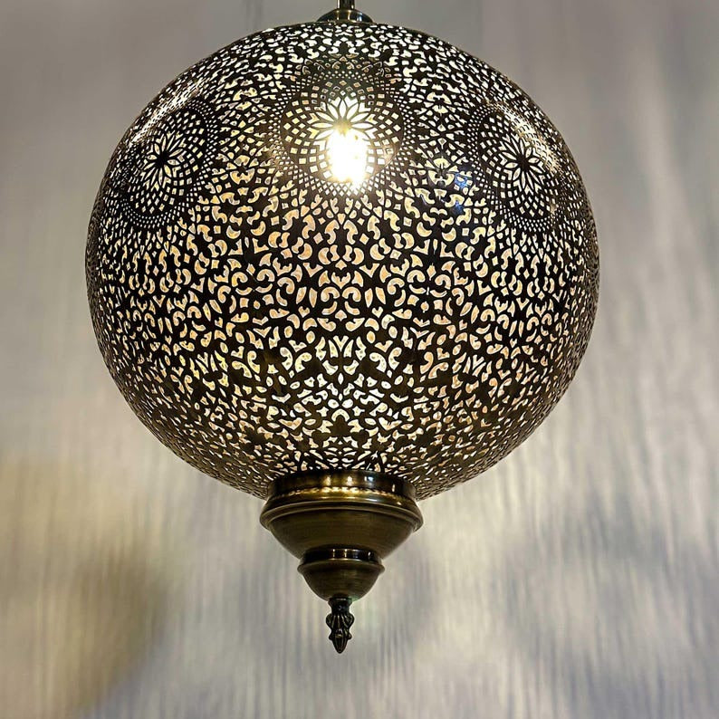 Handmade Moroccan Brass Pendant Light – Pierced Globe Lantern with Floral Rosette Design, Antique Brass Moorish Ceiling Light for Entryway, Dining Room & Living Room