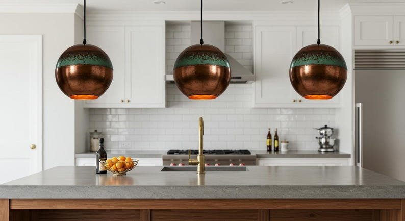 Copper Globe Pendant Light, Handmade Round Spherical Ceiling Lamp, Turquoise Patina Moroccan Kitchen Island Chandelier