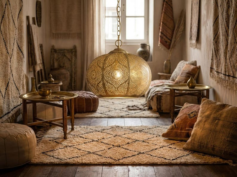Moroccan Pierced Brass Globe Pendant Light – Filigree Hallway Chandelier with Geometric Shadow Pattern