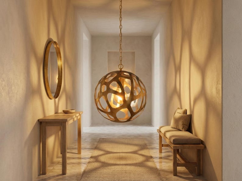 Sculptural Brass Globe Pendant Light – Organic Cutout Moroccan Chandelier with Shadow Pattern