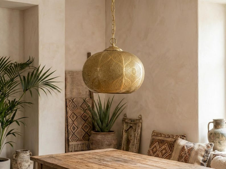 Moroccan Pierced Brass Globe Pendant Light – Filigree Hallway Chandelier with Geometric Shadow Pattern
