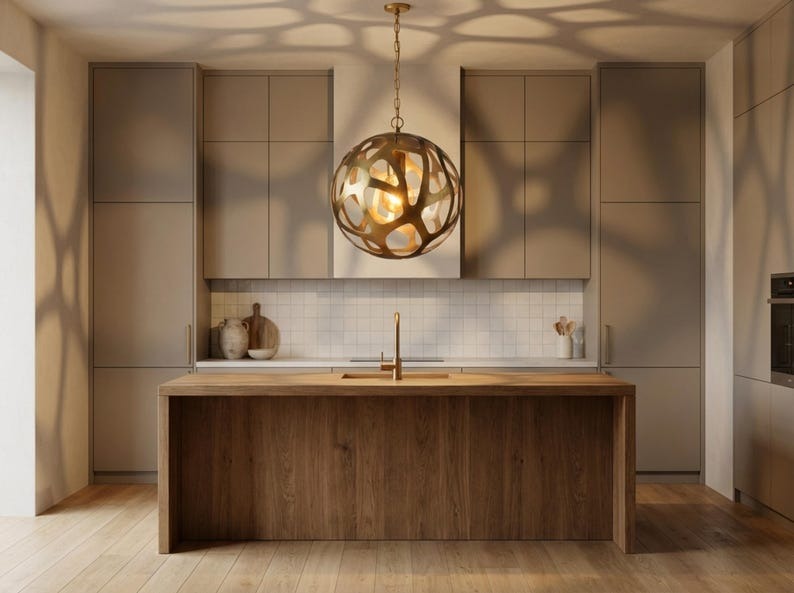 Sculptural Brass Globe Pendant Light – Organic Cutout Moroccan Chandelier with Shadow Pattern